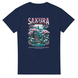 Navy Japanese Sakura Sanctuary men's graphic T-shirt with pink cherry blossoms and a temple scene.