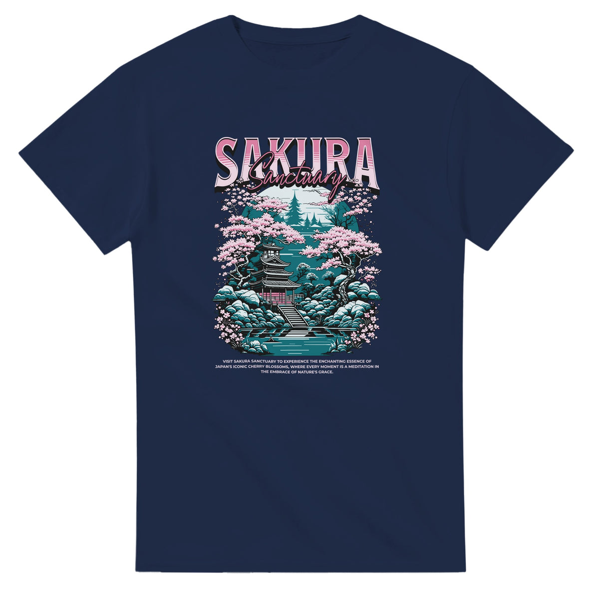 Navy Japanese Sakura Sanctuary men's graphic T-shirt with pink cherry blossoms and a temple scene.