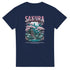 Navy Japanese Sakura Sanctuary men's graphic T-shirt with pink cherry blossoms and a temple scene.