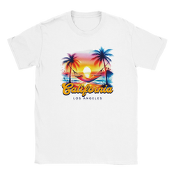 Retro California women's T-shirt with palm trees, hammock, and sunset hues on white.