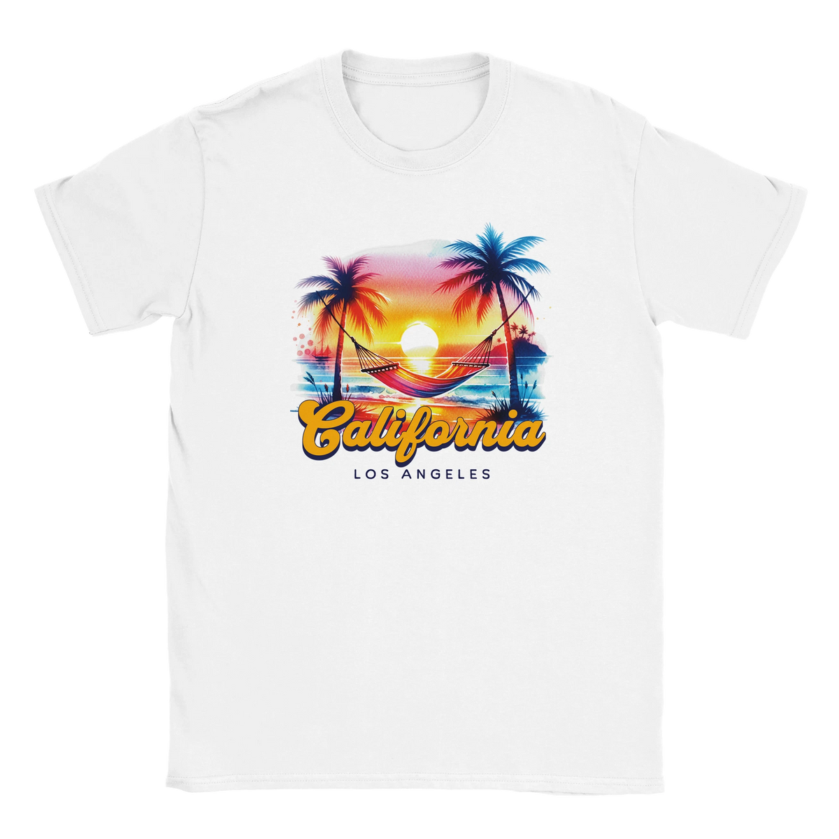 Retro California women's T-shirt with palm trees, hammock, and sunset hues on white.