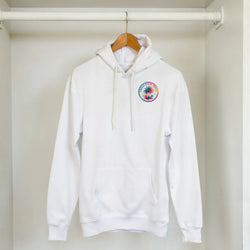 White men's hoodie with colorful Urban Palm Trees graphic, featuring a front pouch pocket, double-lined hood, and rib-knit cuffs.