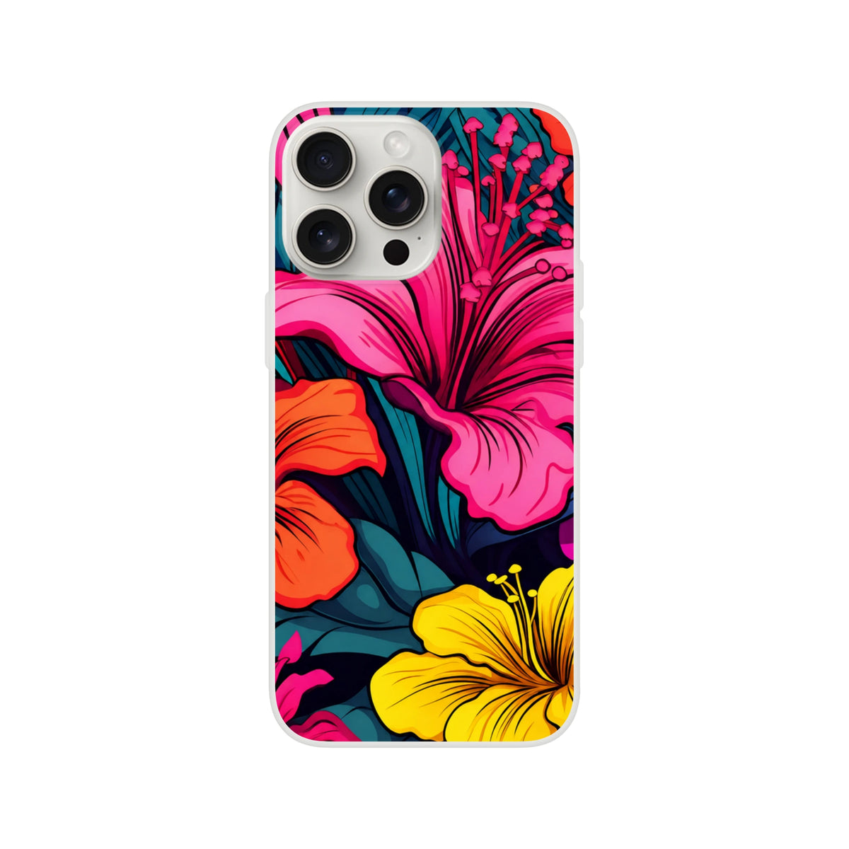 Colourful Tropical Hibiscus iPhone Case (13-16) with vibrant floral artwork and a smooth matte finish.