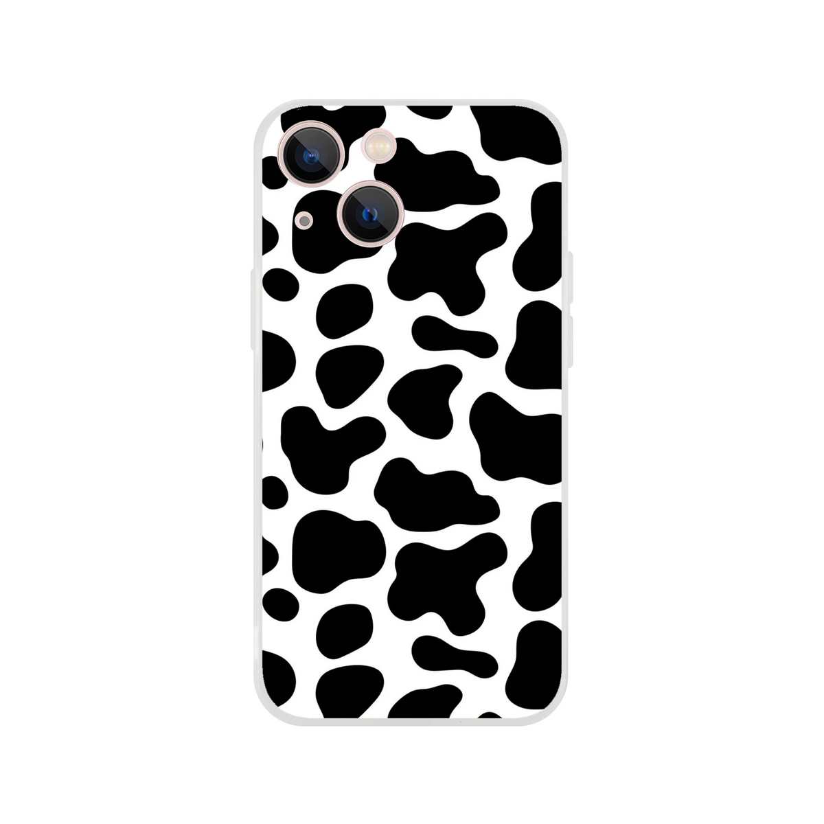 Black and white cow-print iPhone case with white bumper for iPhone 13-16.