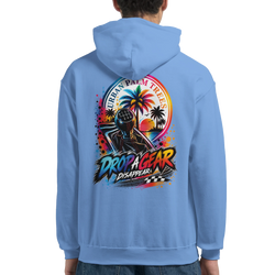 Blue petrolhead streetwear hoodie featuring colorful back graphic with manual gear stick, palm trees, and Drop A Gear text.