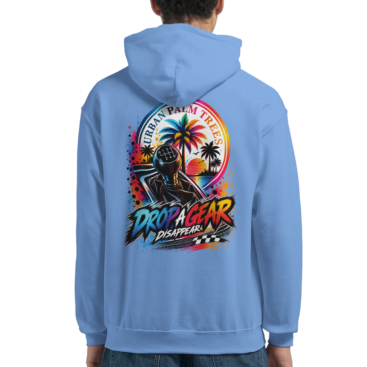 Blue petrolhead streetwear hoodie featuring colorful back graphic with manual gear stick, palm trees, and Drop A Gear text.