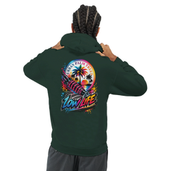 Dark green Low Life hoodie featuring a back graphic of a shock absorber, palm trees, and sunset text for modified car culture.