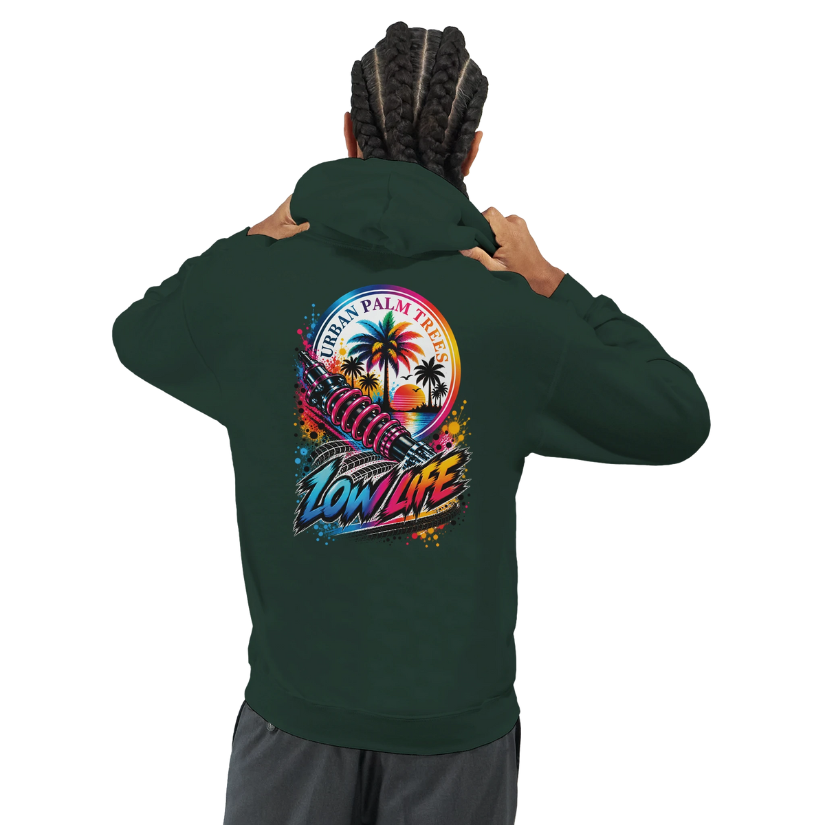 Dark green Low Life hoodie featuring a back graphic of a shock absorber, palm trees, and sunset text for modified car culture.