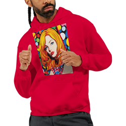 Retro Redhead Pop Art Woman Hoodie for Men with colorful graphic print on chest