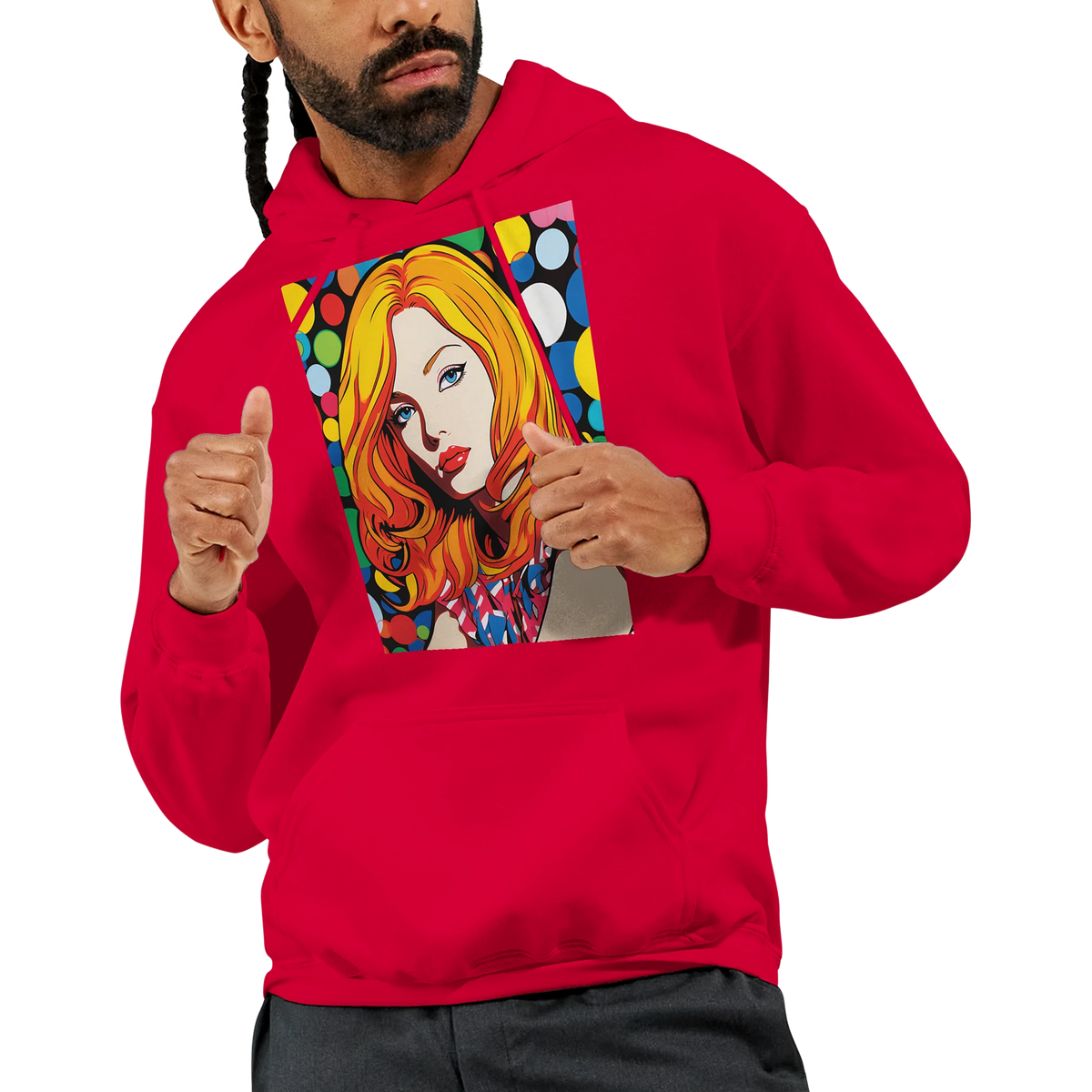 Retro Redhead Pop Art Woman Hoodie for Men with colorful graphic print on chest