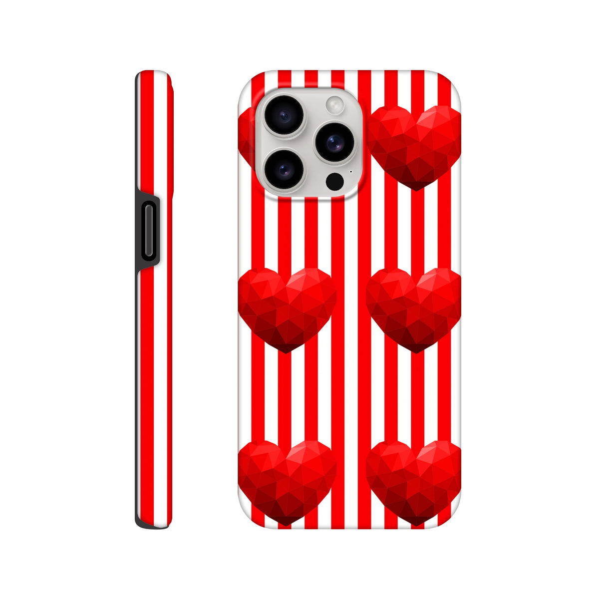Retro red and white vertical stripe iPhone case featuring bold geometric low poly heart graphics for tough protective style.