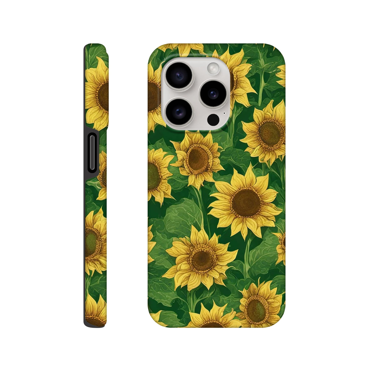 Sunflower Tough iPhone Case with vibrant yellow floral print on dark green background, offering drop protection for iPhone 13-16 models.