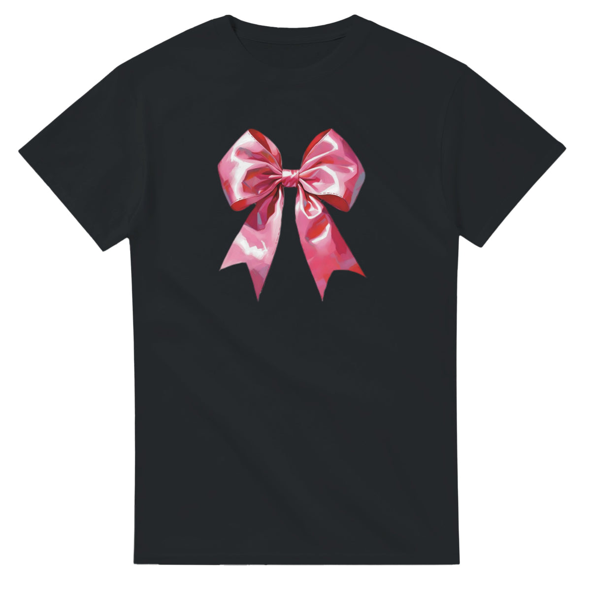 Black short-sleeve T-shirt with a pink bow graphic on the chest.