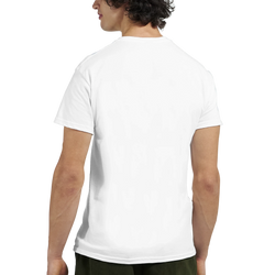 Back view of a white gothic streetwear tee for men, featuring a relaxed fit and short sleeves for layering under moto jackets.