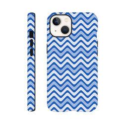 Blue and white retro zigzag iPhone case with gloss finish and shock-absorbing TPU protection for daily use.