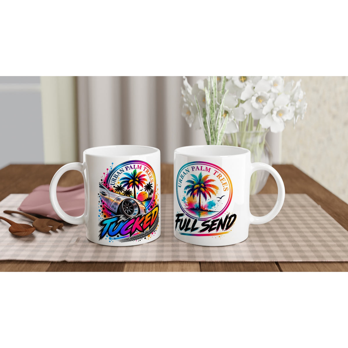 Two white car enthusiast mugs displaying colorful Urban Palm Trees designs, featuring a lowered car with "Tucked" text and a palm tree with "Full Send" slogan.