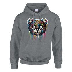 Men's Teddy Bear Hoodie with colorful graffiti bear graphic on gray cotton-poly blend, sizes S to XL