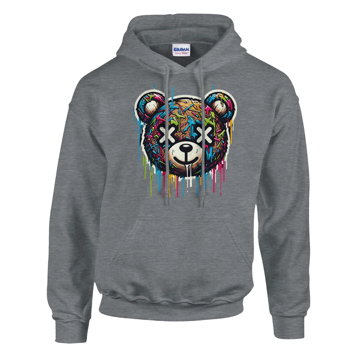 Men's Teddy Bear Hoodie with colorful graffiti bear graphic on gray cotton-poly blend, sizes S to XL
