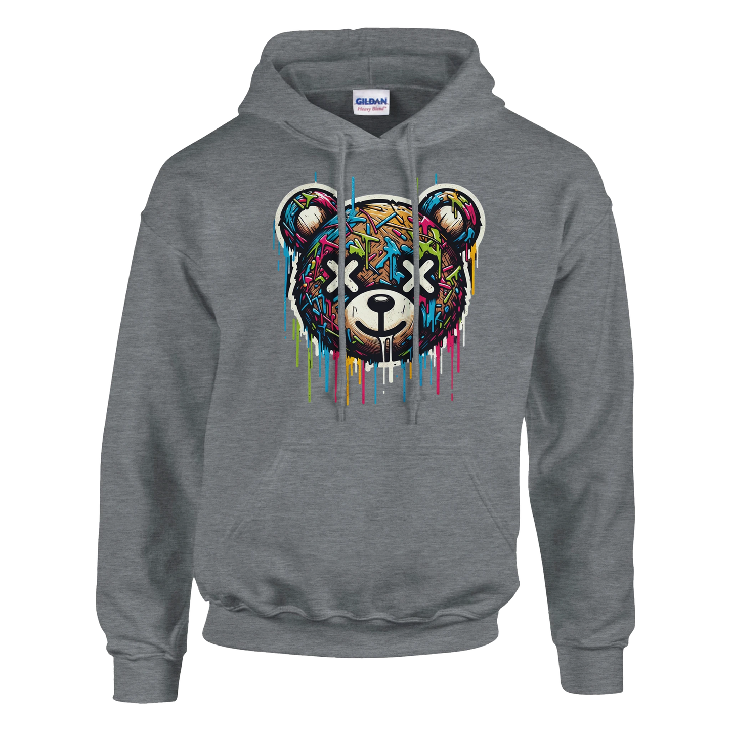 Gray men's teddy bear hoodie with a colorful bear graphic on a white background