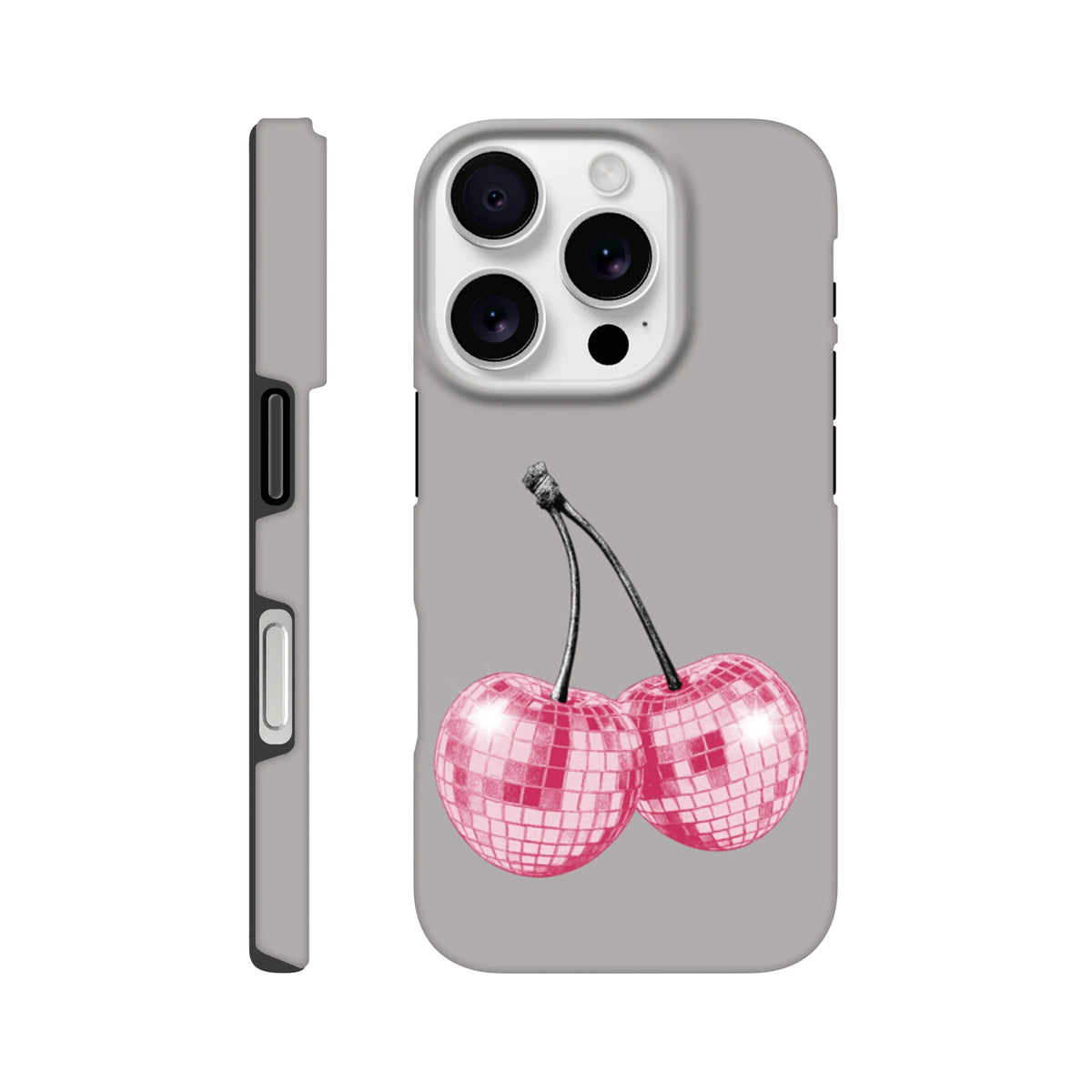 Gray iPhone case featuring pink glitter disco ball cherry design, tough protective fruit phone cover for iPhone 13-16.