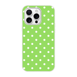 Retro lime green iPhone case with white polka dots. Shock-absorbing TPU cover with matte finish for models 13-16.