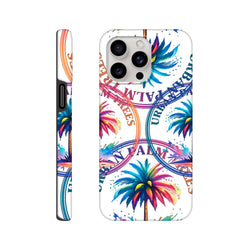 Vibrant tropical urban palm tree iPhone case with colorful wraparound print and bold circular typography for durable daily protection.