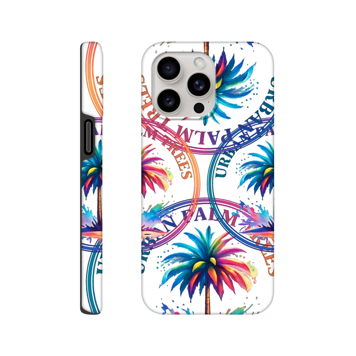 Vibrant tropical urban palm tree iPhone case with colorful wraparound print and bold circular typography for durable daily protection.