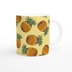 Yellow mug with a cute pineapple pattern, tropical fruit coffee cup.