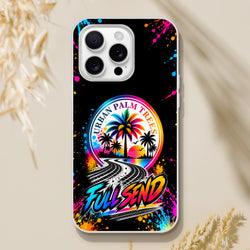Full Send iPhone case featuring Urban Palm Trees design with colorful splatters, tire tracks, and bold graffiti lettering on black.