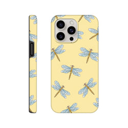 Yellow iPhone case featuring a watercolor dragonfly pattern on a pale yellow background. Durable protective cover for iPhone 13-16 models.
