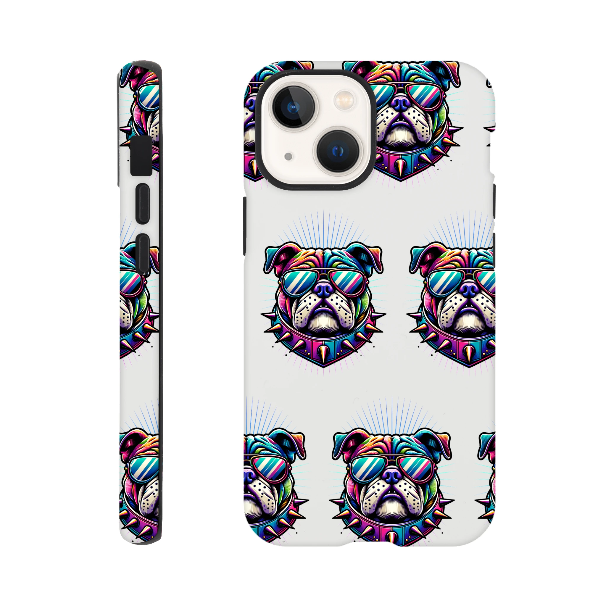 Colorful bulldog head wearing sunglasses pattern on wraparound phone case for iPhone 16-13