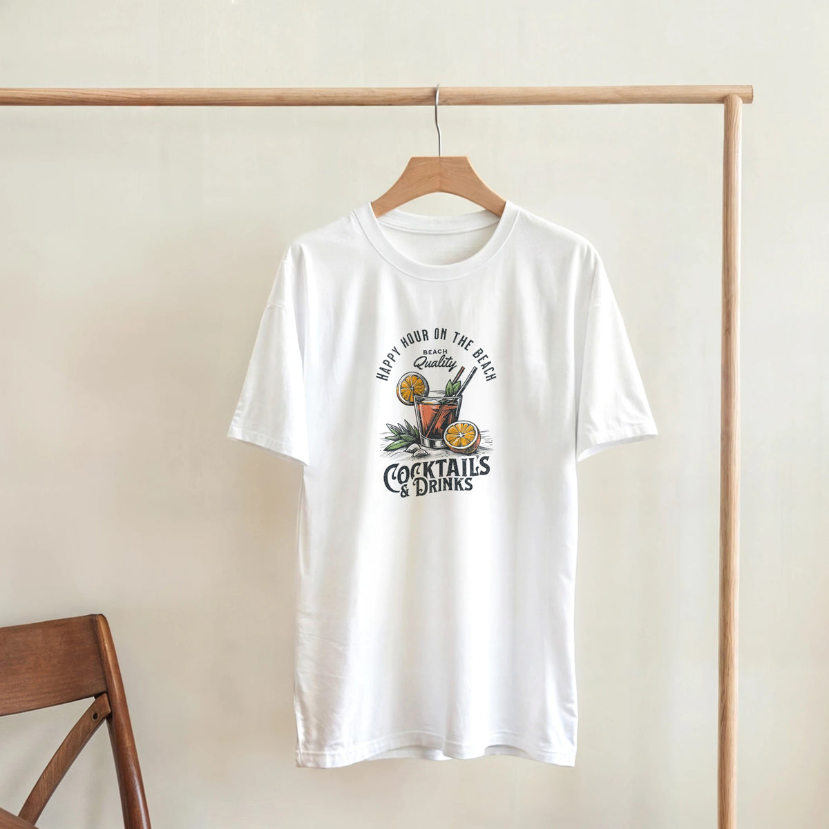 White women's Happy Hour graphic tee with tropical cocktail and citrus slices, reading Cocktails & Drinks.