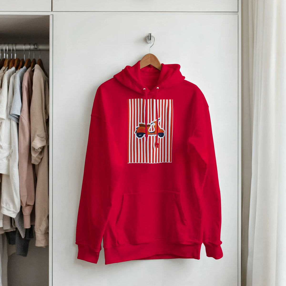 Red vintage mod hoodie featuring a retro scooter graphic on striped background. Classic Vespa style pullover for women.