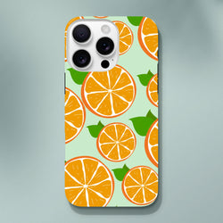 Cute orange fruit pattern iPhone case with citrus slices and green leaves on mint background. Tough drop-proof cover for streetwear.
