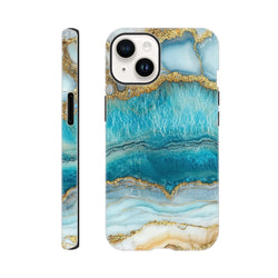 Tough iPhone case featuring a striking teal and gold blue agate marble pattern with protective edges for models 13-16.