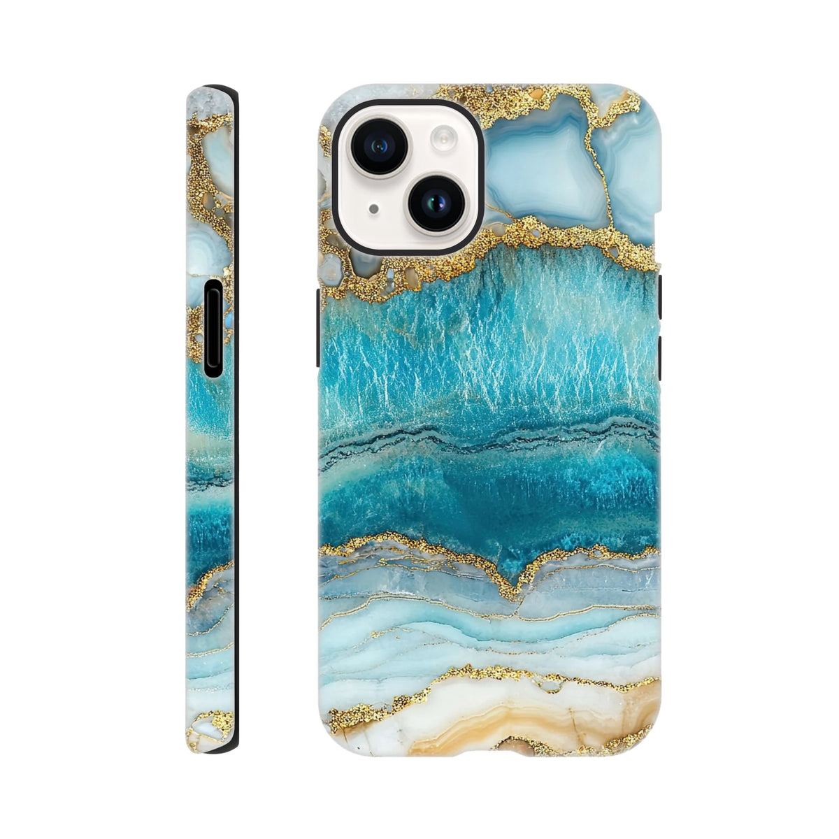 Tough iPhone case featuring a striking teal and gold blue agate marble pattern with protective edges for models 13-16.