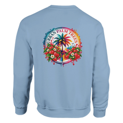 Light blue sweatshirt featuring a colorful retro back print of a palm tree surrounded by strawberries and "Urban Palm Trees" text.