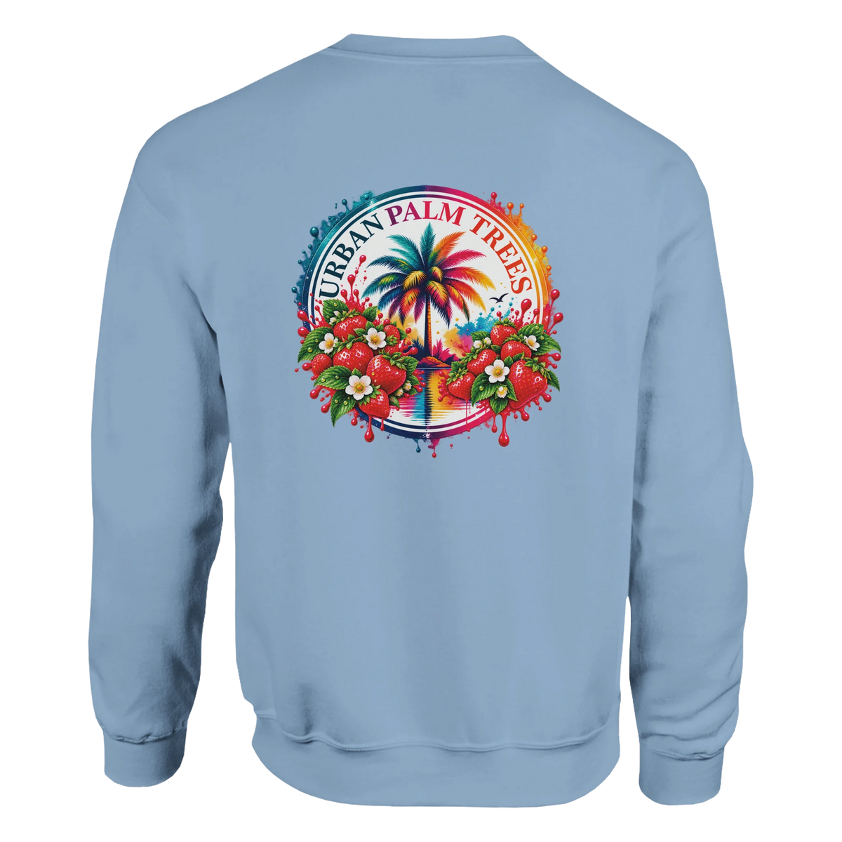 Light blue sweatshirt featuring a colorful retro back print of a palm tree surrounded by strawberries and "Urban Palm Trees" text.
