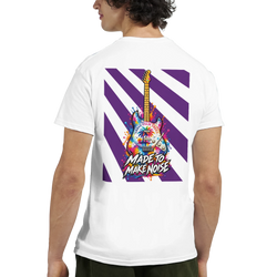 White back print tee featuring vibrant electric guitar graphic with purple stripes and "Made To Make Noise" text.