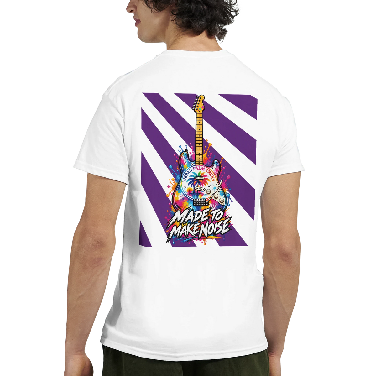 White back print tee featuring vibrant electric guitar graphic with purple stripes and "Made To Make Noise" text.