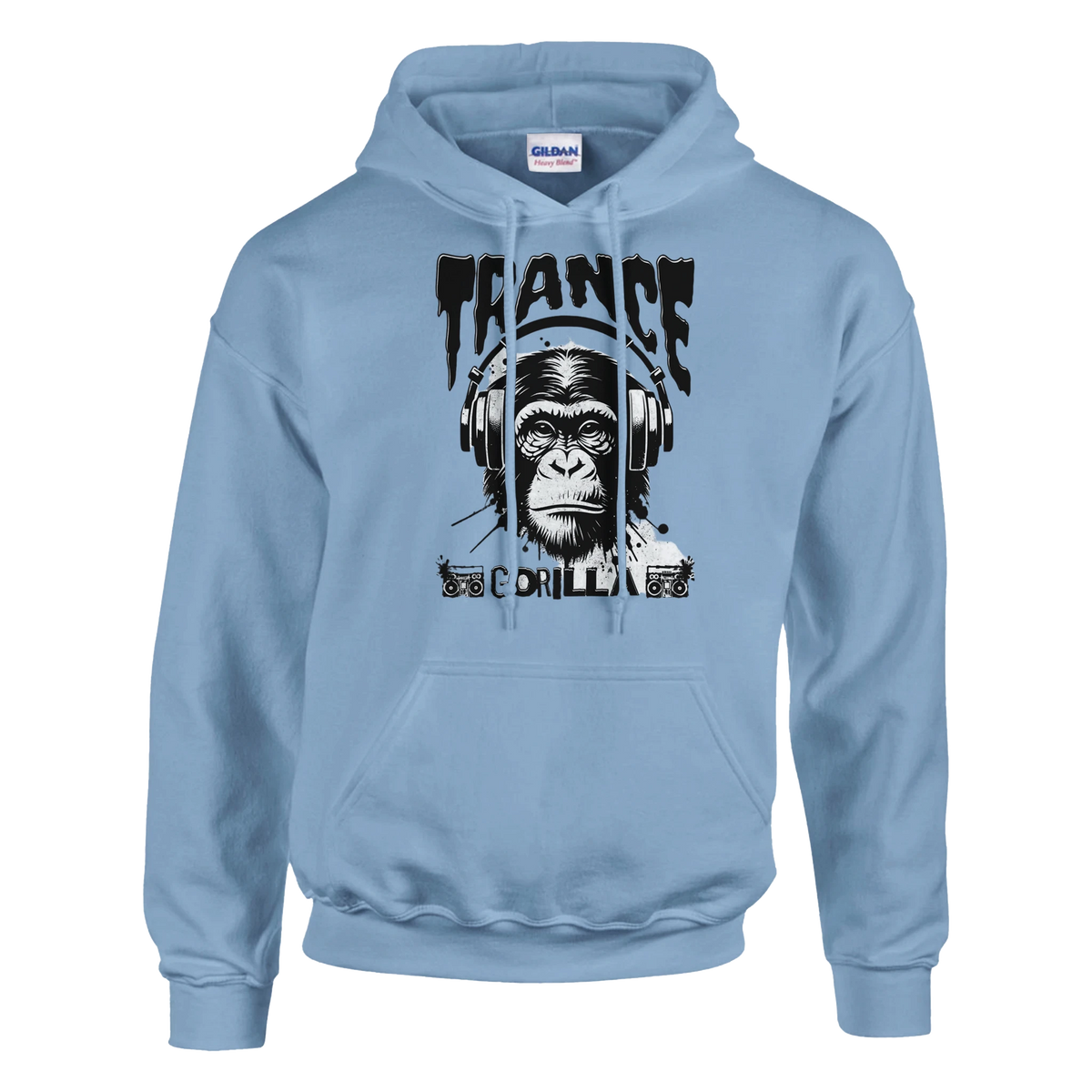 Trance Gorilla men's graphic hoodie featuring a gorilla wearing headphones on light-blue cotton-blend fabric.
