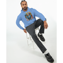 Man wearing blue Men's Urban Teddy Bear Hoodie with colorful teddy bear graphic; 50/50 cotton-polyester blend.