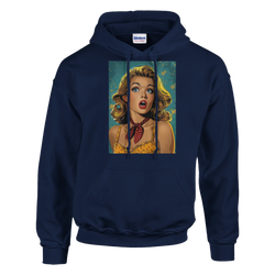 Navy blue pullover hoodie featuring a vintage retro pin-up pop art woman graphic with bold comic style details.