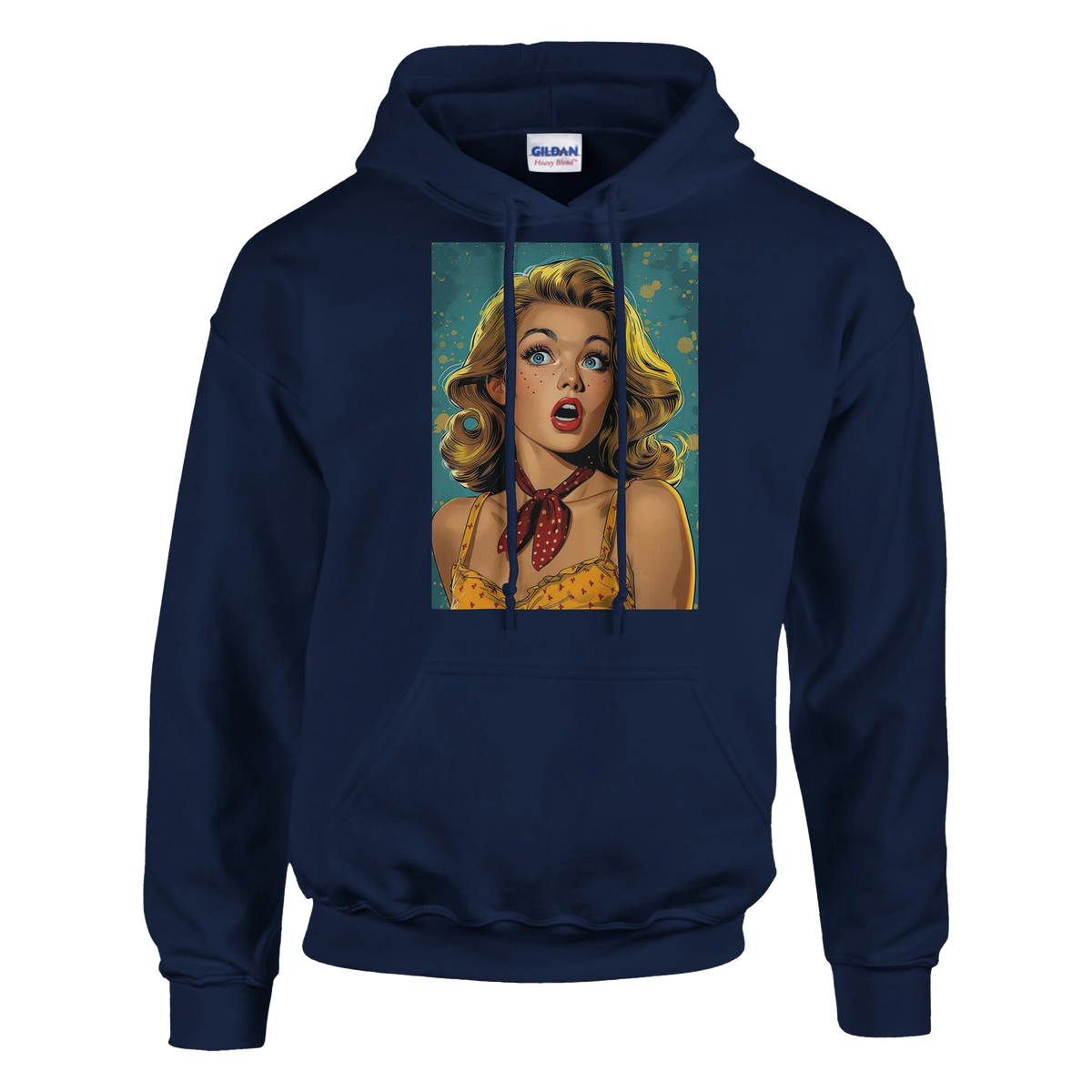Navy blue pullover hoodie featuring a vintage retro pin-up pop art woman graphic with bold comic style details.