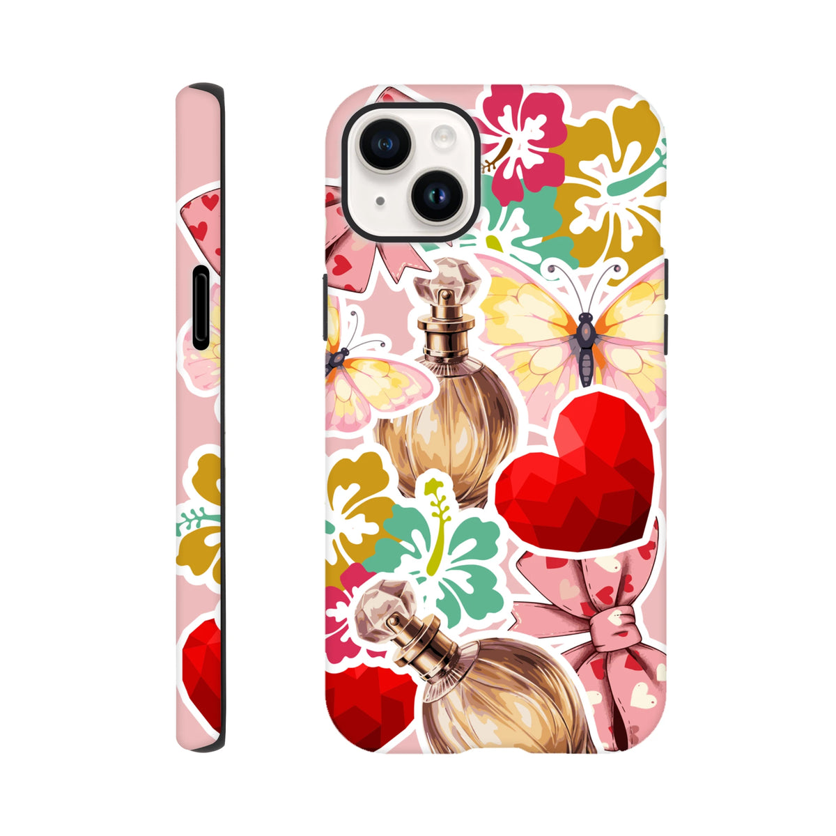 Pink floral iPhone case with sticker effect design featuring butterflies, perfume bottles, and red hearts on a tough protective cover.