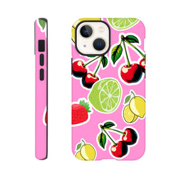 Pink iPhone case with sticker-style cherry, lime, lemon, and strawberry fruit pattern design.