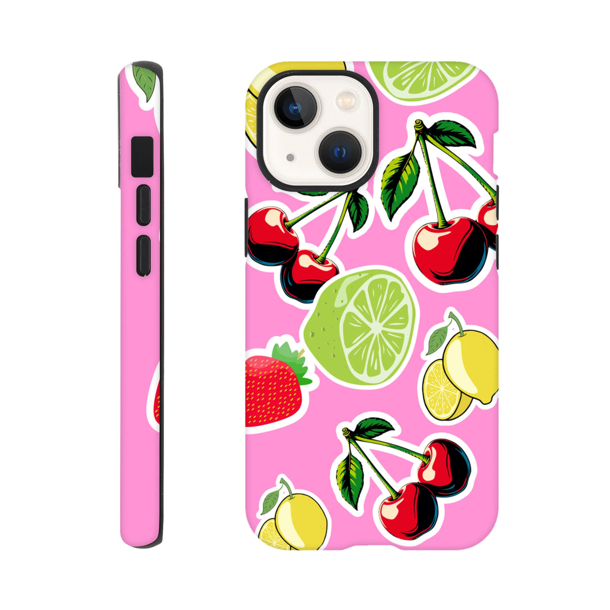 Pink iPhone case with sticker-style cherry, lime, lemon, and strawberry fruit pattern design.