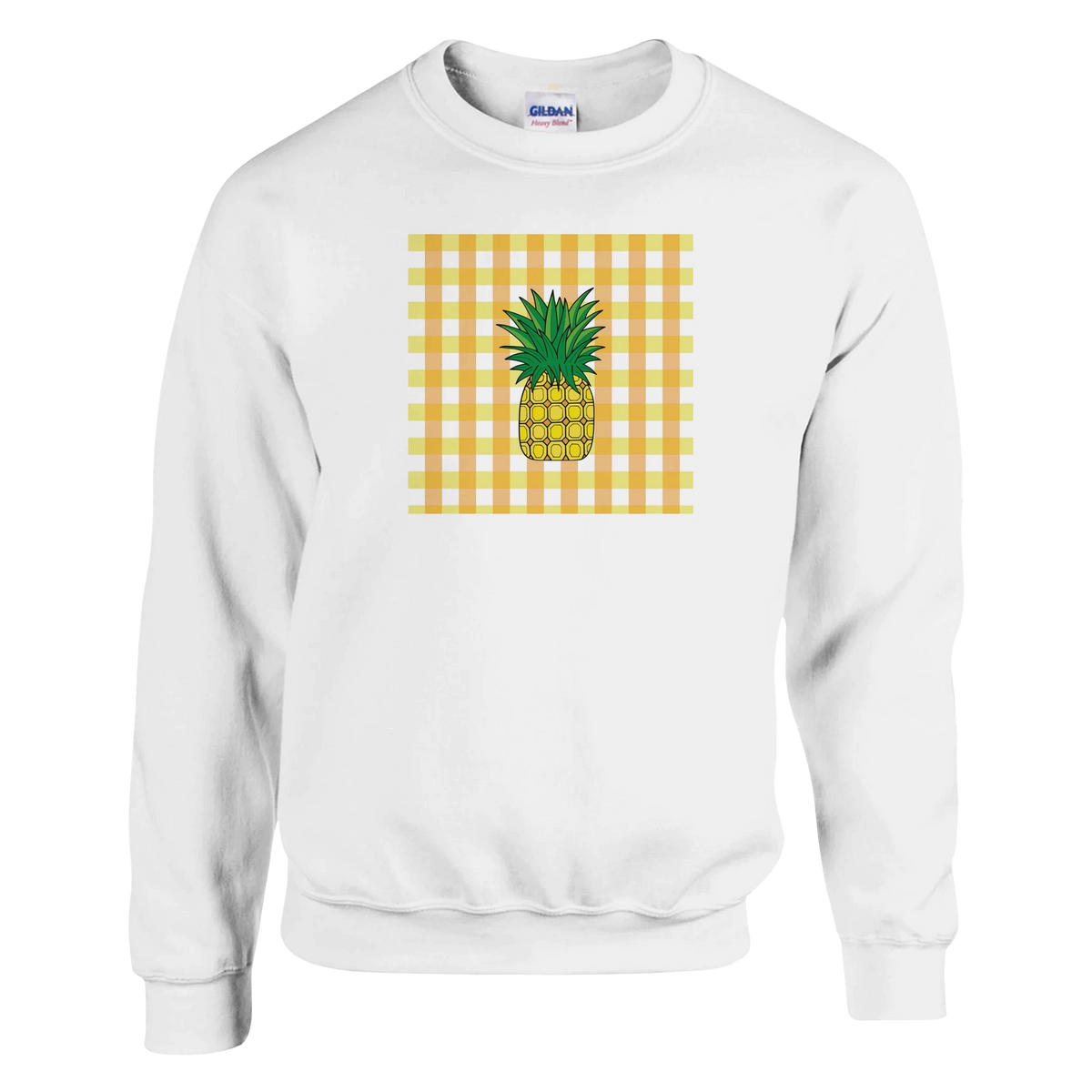 White retro sweatshirt featuring a tropical pineapple graphic on a yellow and orange gingham background.