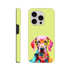 Vibrant pop art dog wearing yellow glasses and a scarf on a lime green tough iPhone case.
