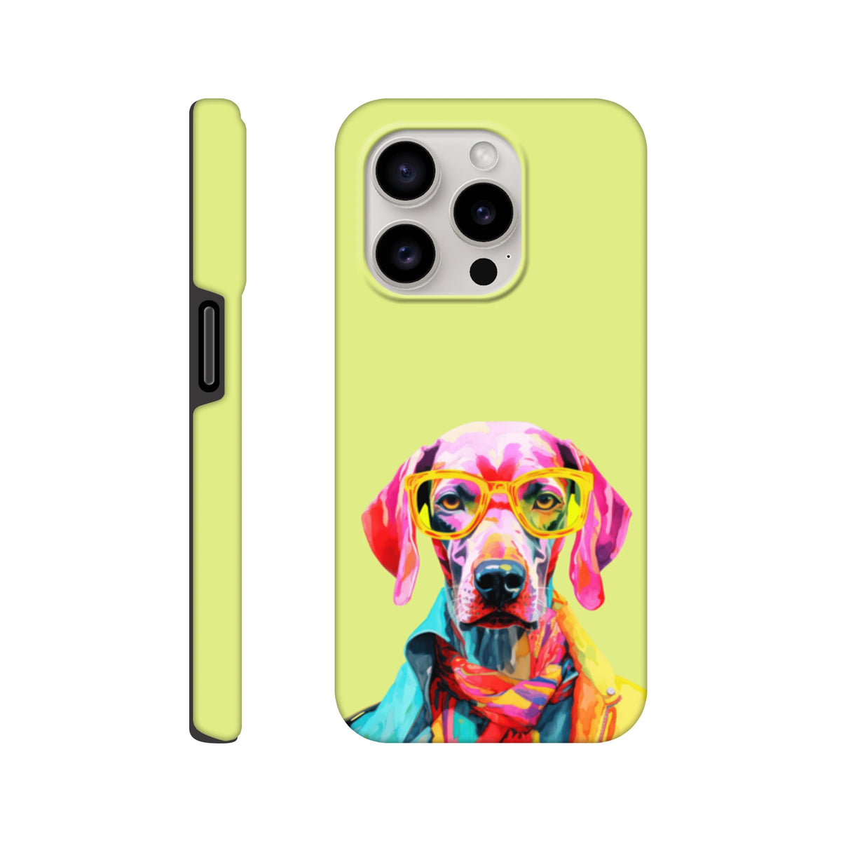 Vibrant pop art dog wearing yellow glasses and a scarf on a lime green tough iPhone case.